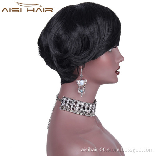 Synthetic Short Wavy Pixie Cut Wig With Bangs Natural Black Color Heat Resistant Fiber Wigs For African American Women